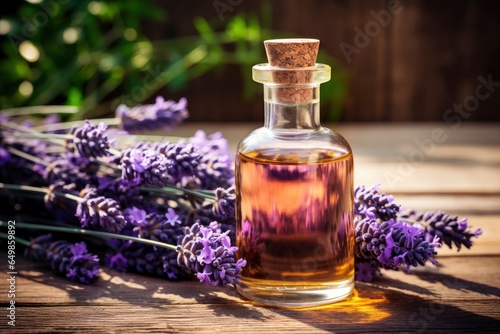 A bottle of lavender oil and a bunch of fresh lavender flowers created with Generative AI technology