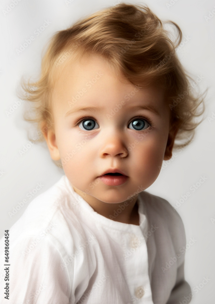 Blonde baby boy in white clothes on a conceptual white background for frame