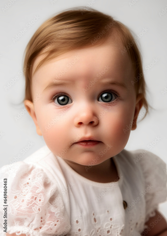 Blonde baby girl in white clothes on a conceptual white background for frame