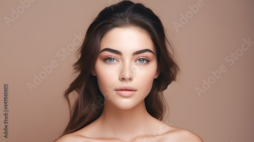 Beauty brunette woman with neat hair and healthy skin looks at the camera natural makeup of a young beautiful model on a studio background with copy space. cosmetic concept