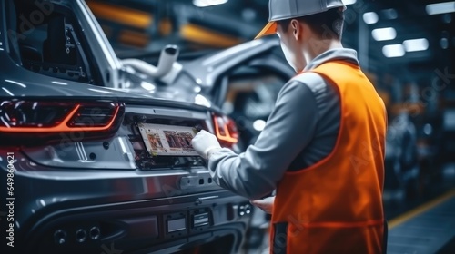 Engineer worker working at Automotive production line in production car factory.