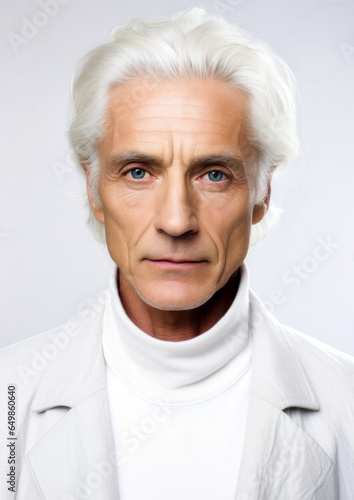 White hair man with white clothes on conceptual white background for frame