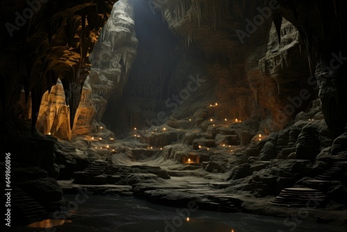 Fototapete Vast Cave cavern fantasy. Path grotto tunnel. Generate Ai