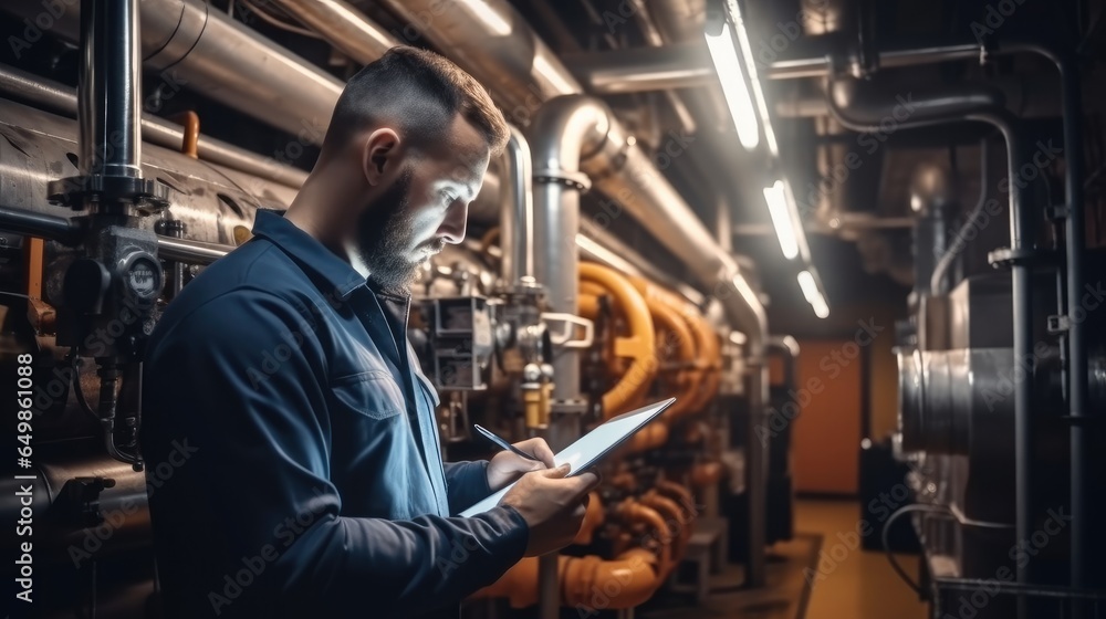 Fototapeta premium technician checking the heating system in the boiler room at industry factory.