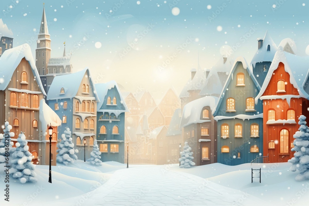 Festive postcard mockup of a winter wonderland Nordic town fantasy illustration, ideal for the holidays. Generative AI
