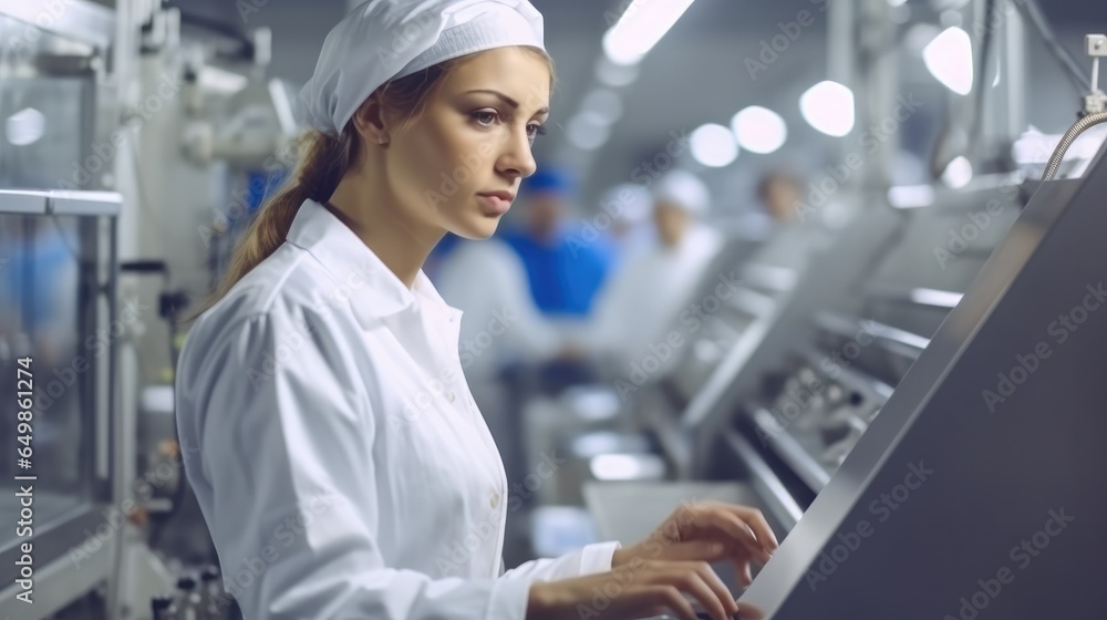 Young female worker operating machine units while working at clean food factory. Young female worker operating machine units while working at clean food factory.