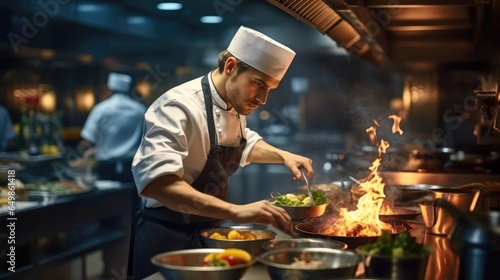 Chef is cooking food in Upscale Restaurant Kitchen.