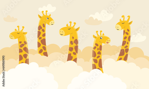 Children graphic illustration for nursery wall. Interior design for kids room. Vector illustration with cute giraffes for books and textile © Iryna