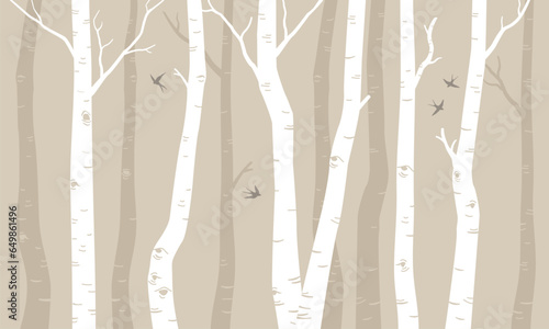 Vector illustration with trees, birch forest. Graphic illustration for nursery, wall, book cover, textile, cards. Interior design for kids room.  © Iryna
