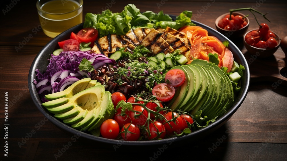 Vibrant Vegan Salad Bowl with Fresh Greens and Flavorful Vinaigrette