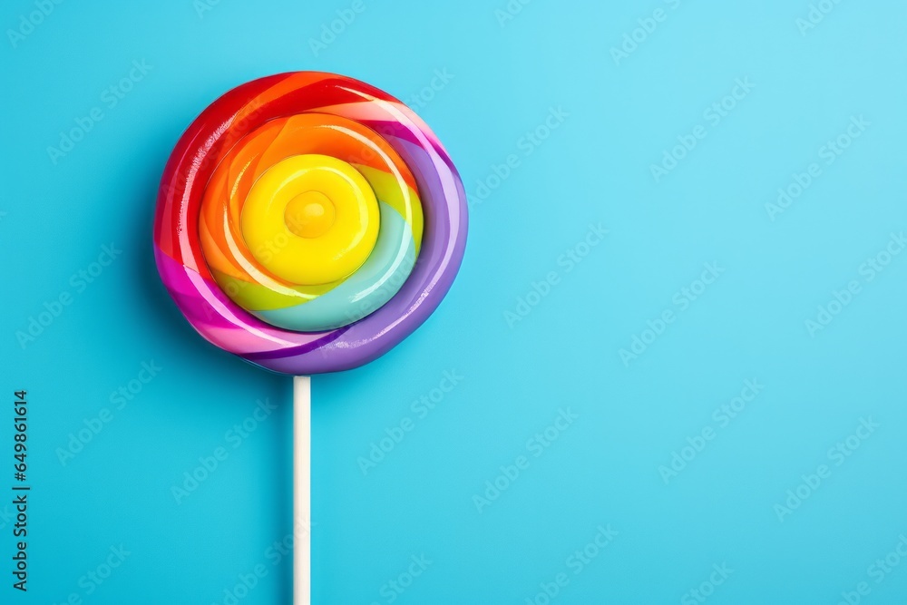 Photo of a vibrant rainbow coloured lollipop on a stick against a vibrant blue backdrop created with Generative AI technology Photo of a vibrant rainbow coloured lollipop on a stick against a vibrant blue backdrop created with Generative AI technology