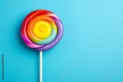 Photo of a vibrant rainbow coloured lollipop on a stick against a vibrant blue backdrop created with Generative AI technology
