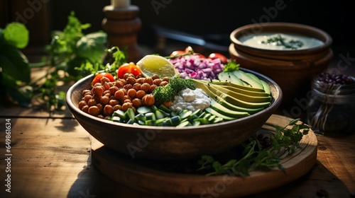 Wholesome Buddha Bowl with Veggies, Chickpeas, and Yogurt Dressing - Healthy Plant-Based Meal