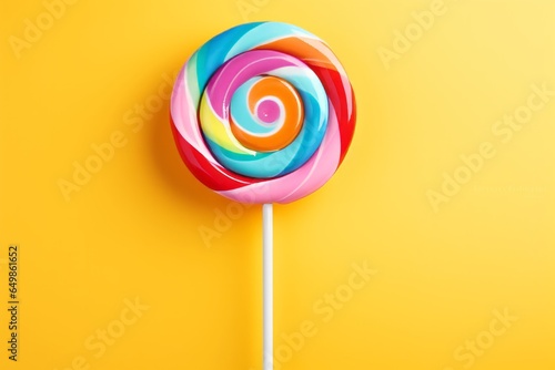 Photo of a vibrant rainbow lollipop against a cheerful yellow backdrop created with Generative AI technology