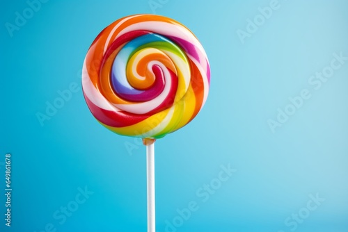 Photo of a vibrant rainbow coloured lollipop on a stick against a vibrant blue backdrop created with Generative AI technology
