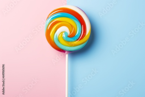 Photo of a vibrant rainbow lollipop against a pink and blue backdrop created with Generative AI technology