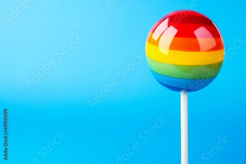 Photo of a vibrant rainbow coloured lollipop on a stick against a vibrant blue backdrop created with Generative AI technology
