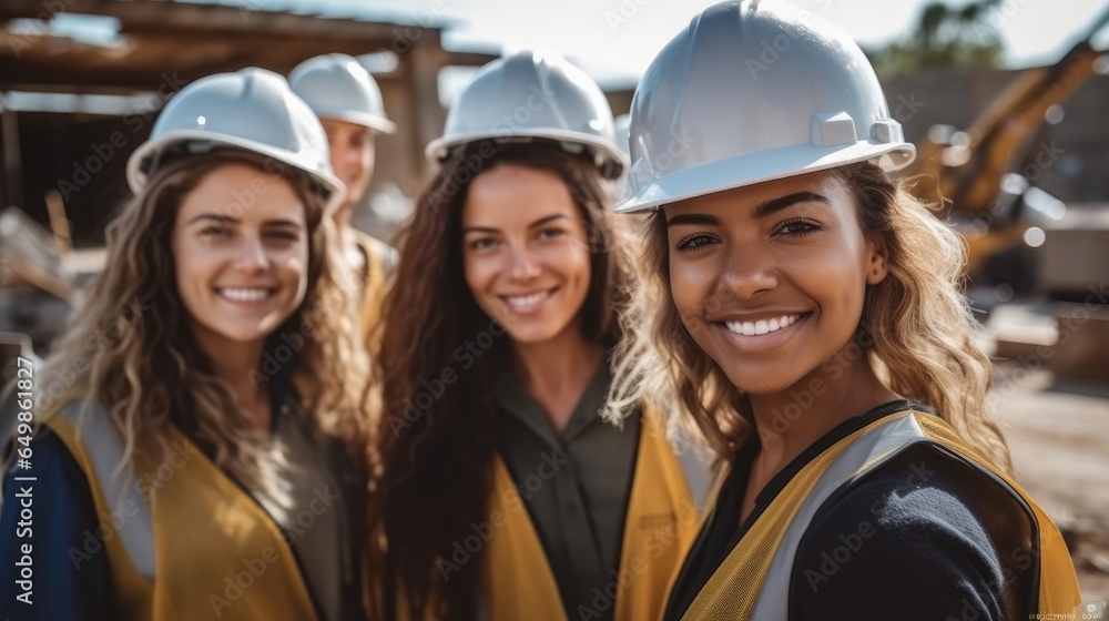 Diverse happy group of women working construction on a construction site. Diverse happy group of women working construction on a construction site.