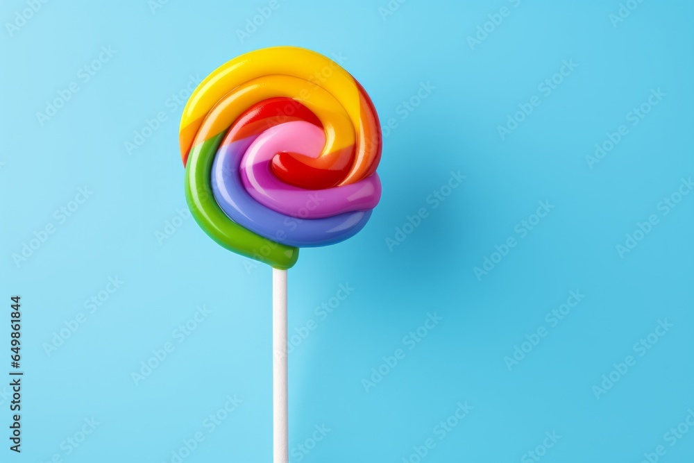 Photo of a vibrant rainbow coloured lollipop on a stick against a vibrant blue backdrop created with Generative AI technology Photo of a vibrant rainbow coloured lollipop on a stick against a vibrant blue backdrop created with Generative AI technology