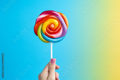 Photo of a vibrant rainbow lollipop against a colourful backdrop created with Generative AI technology