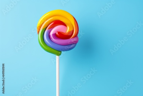 Photo of a vibrant rainbow coloured lollipop on a stick against a vibrant blue backdrop created with Generative AI technology