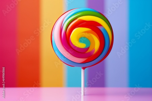 Photo of a vibrant rainbow lollipop against a colourful backdrop created with Generative AI technology