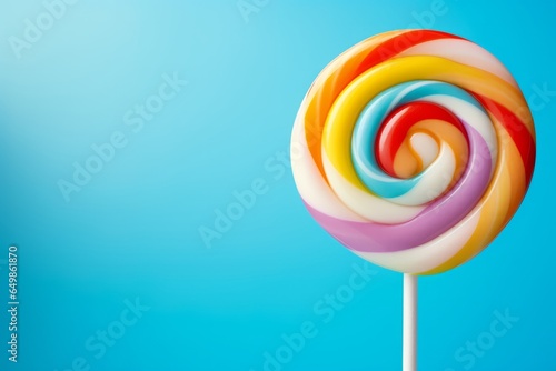 Photo of a vibrant rainbow coloured lollipop on a stick against a vibrant blue backdrop created with Generative AI technology