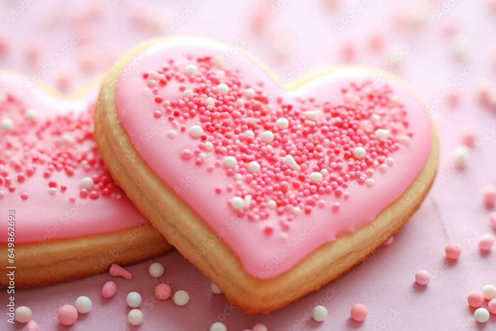 Heart shaped cookie with pink icing and heart sprinkles. Valentine's day treat. Generative AI Heart shaped cookie with pink icing and heart sprinkles. Valentine's day treat. Generative AI