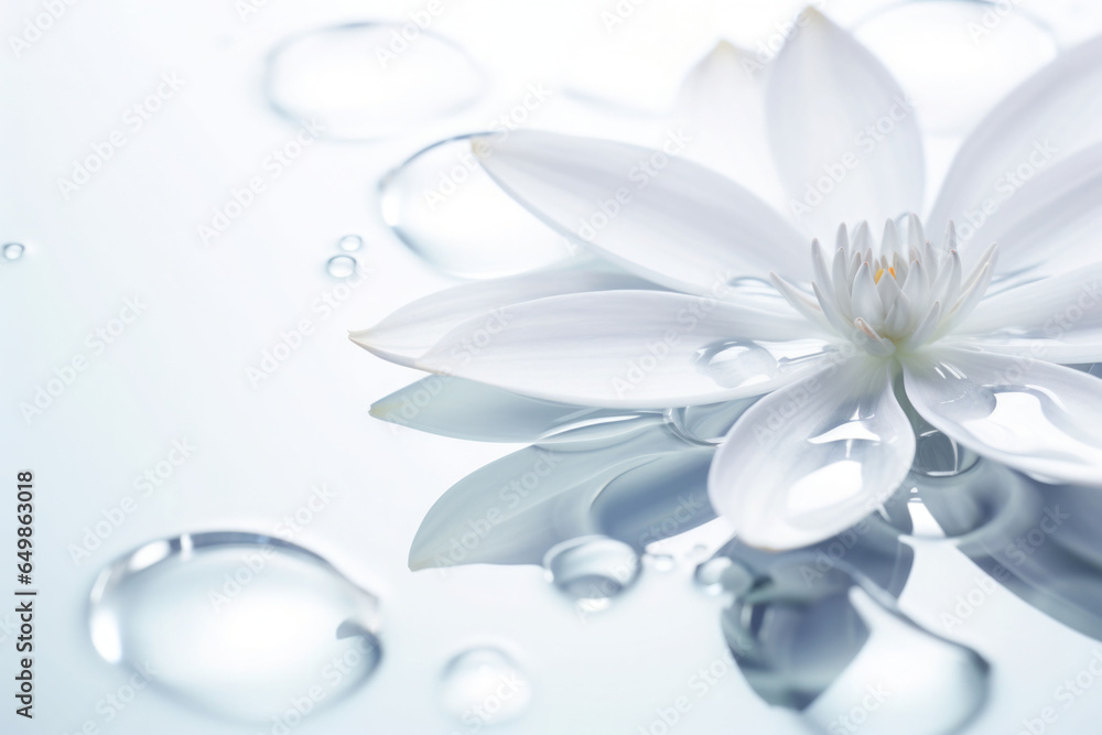 Water drops on white clean flower in a naturally bright environment. Minimalist background. Generative AI Water drops on white clean flower in a naturally bright environment. Minimalist background. Generative AI