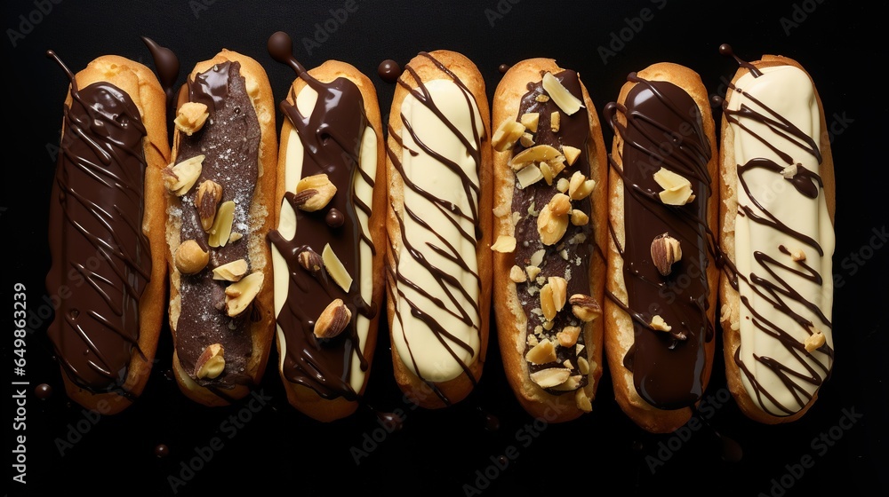 Generative AI, Assortment of eclairs, top view, sweet food. Traditional ...