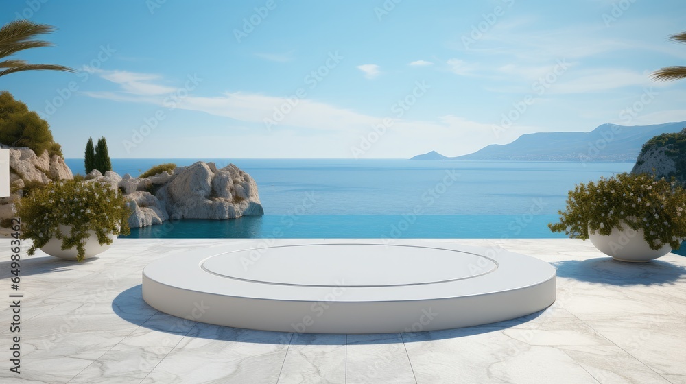 White marble podium near pool with sea view on background.