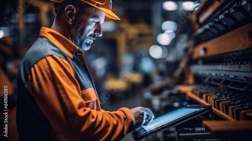 Industrial engineer at the machine, Worker in orange security vest standing at a metalworking machine typing.