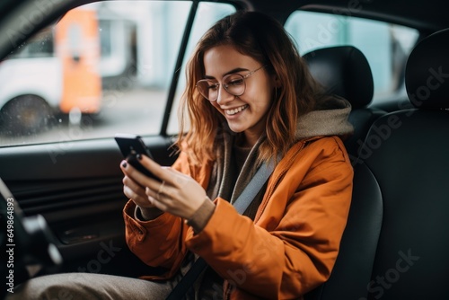 Cheerful young woman smiling while sitting on car seat and looking at smartphone, copy space. Elegant clothing looking at a map, responding to a text, getting directions. Generative ai © StockWorld