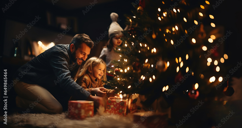 Happy father and daughters at the Christmas tree Happy father and daughters at the Christmas tree