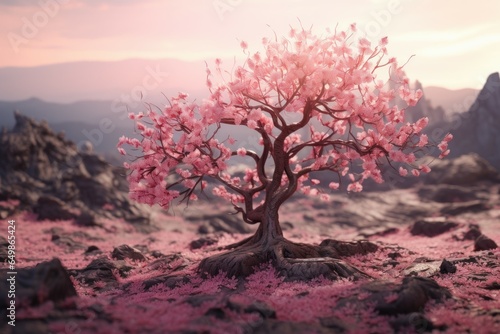 Vibrant Cherry blossom tree. Branch bloom pink. Generate Ai