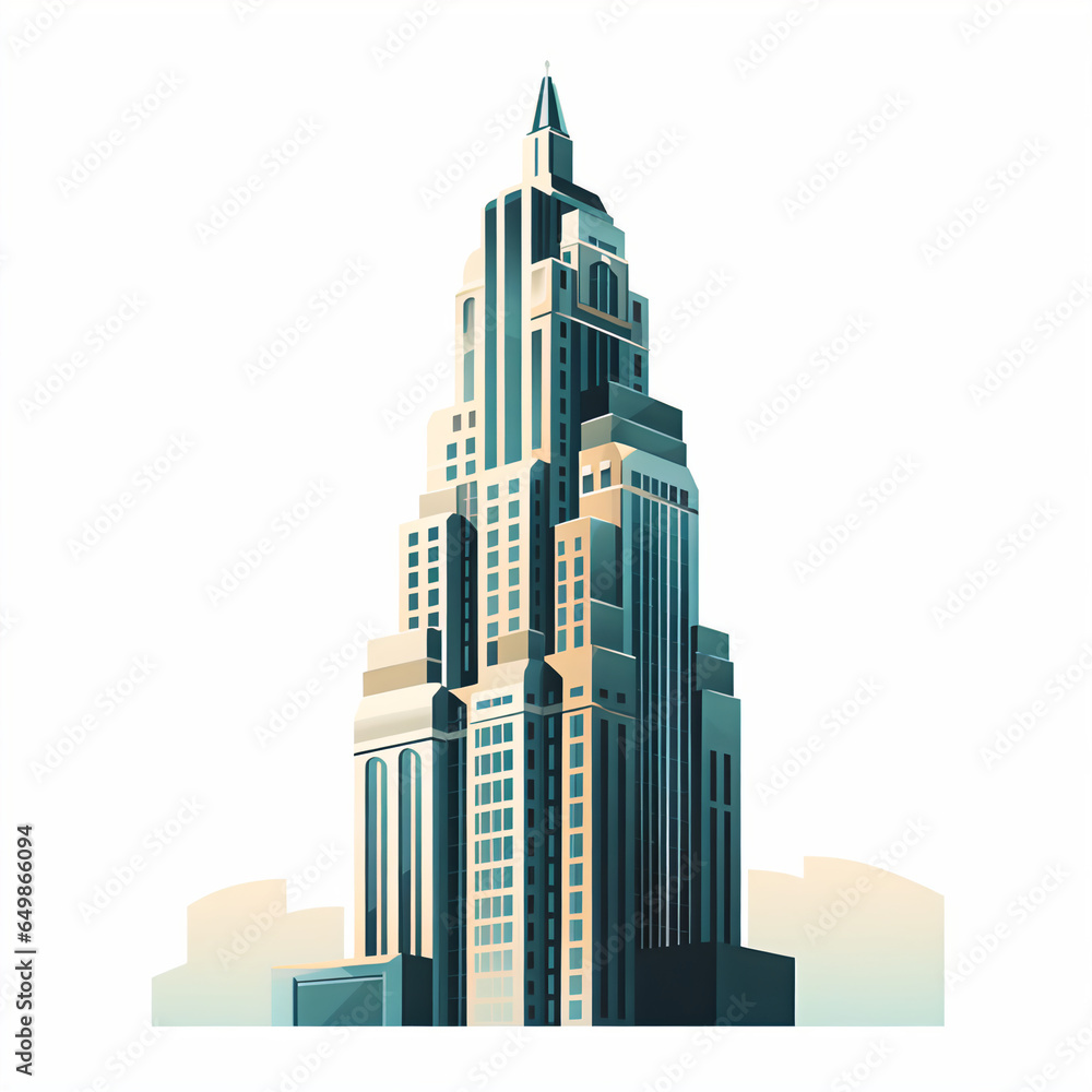 Dynamic Skyscraper Illustration in Flat Color Palette: Showcasing Speed and Precision with Striking Shadows
