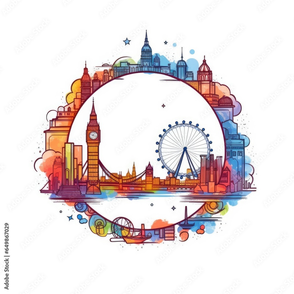 A circle shape frame with center space of London city skyline in simple doodle color cartoon style. beautiful Generative AI AIG32