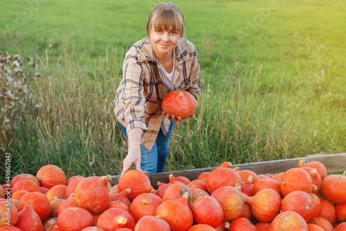 Portrait smiling woman next to rows of pumpkins and choosing pumpkin on pumpkin patch on farm during the autumn season photo