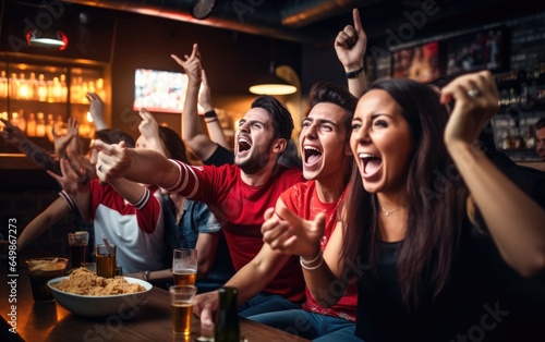 Cheering group of friends watching football match at a bar. Generative AI photo