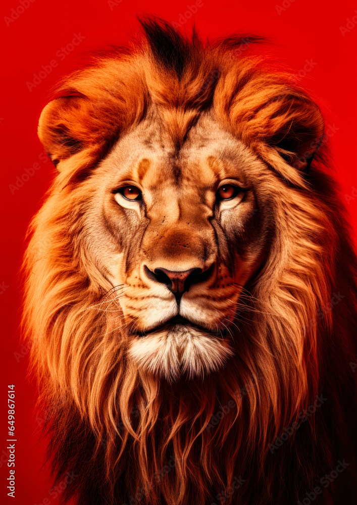 Animal portrait of a lion on a red background conceptual for frame
