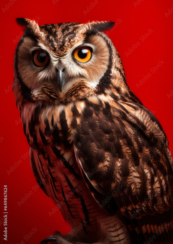 Animal portrait of a owl on a red background conceptual for frame Animal portrait of a owl on a red background conceptual for frame