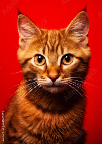Animal portrait of a orange cat on a red background conceptual for frame