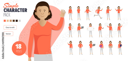 Simple flat female vector character in a set of multiple poses. Easy to edit and isolated on a white background. Modern trendy style character mega pack with lots of poses. 