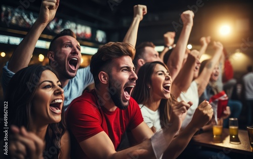 Cheering group of friends watching football match at a bar. Generative AI © piai