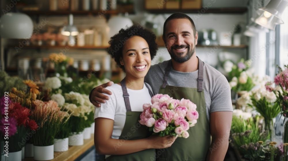 Happy women and boyfriend standing in her flower shop, Successful small business.