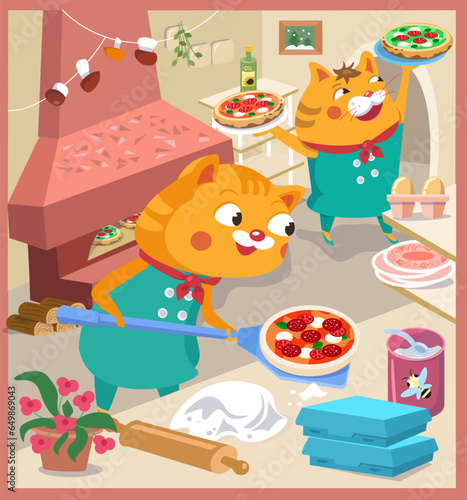 Cute pizzaiolo cats with pizza on shovel. Cartoon funny characters, scene for design. Food and professions. Vector illustration for children. 
