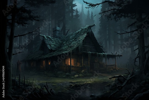A creepy cabin in a forest filled with ghostly spirits. Generative AI