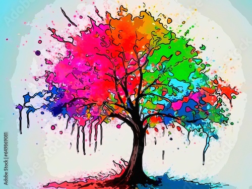 Vibrant abstract digital art depicting a colorful multi-colored tree  perfect backgrounds. 