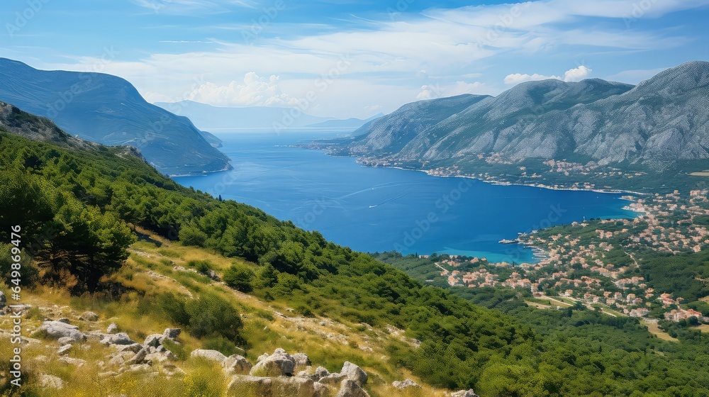 landscape dalmatian coast scenery illustration tourism line, mediterranean vacation, adriatic croatia landscape dalmatian coast scenery