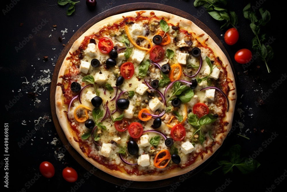 Top view of vegetable, cheese, and olive pizza on a dark background. Generative AI